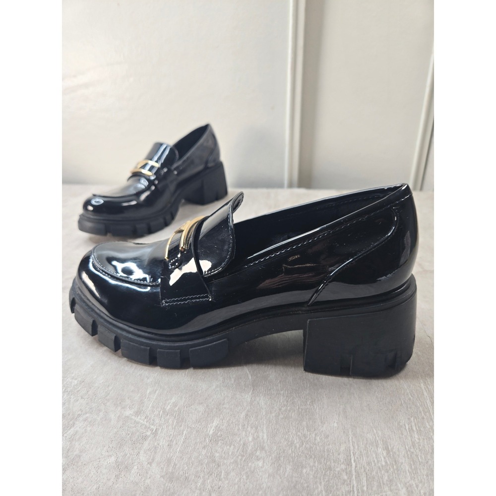 Platform Penny Loafers 10 Black Y2K Preppy Chunky Block Heel Lug Sole Dress Shoe